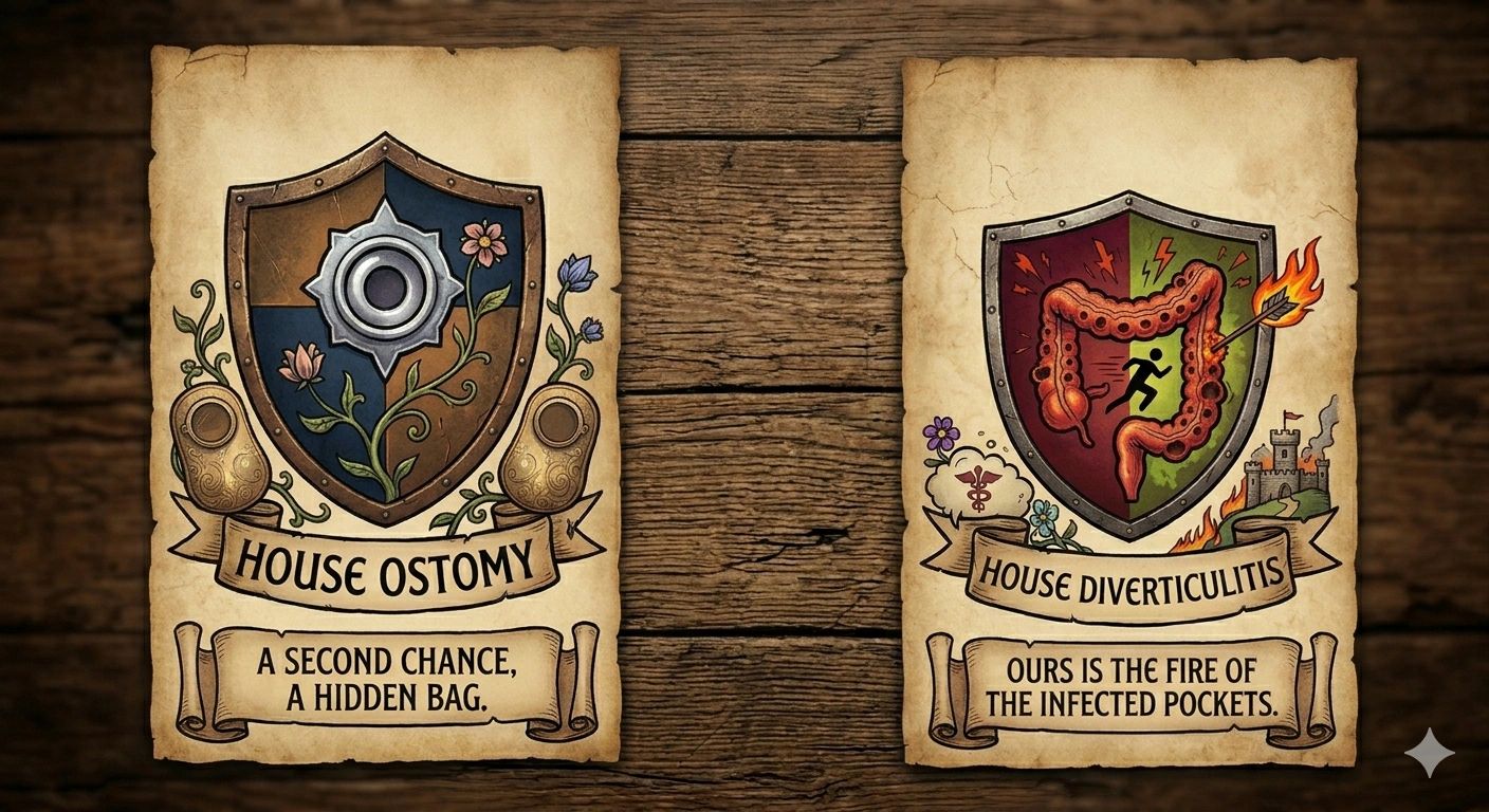 Two medieval-style house crests representing Ostomy and Diverticulitis with symbolic imagery and mottos.