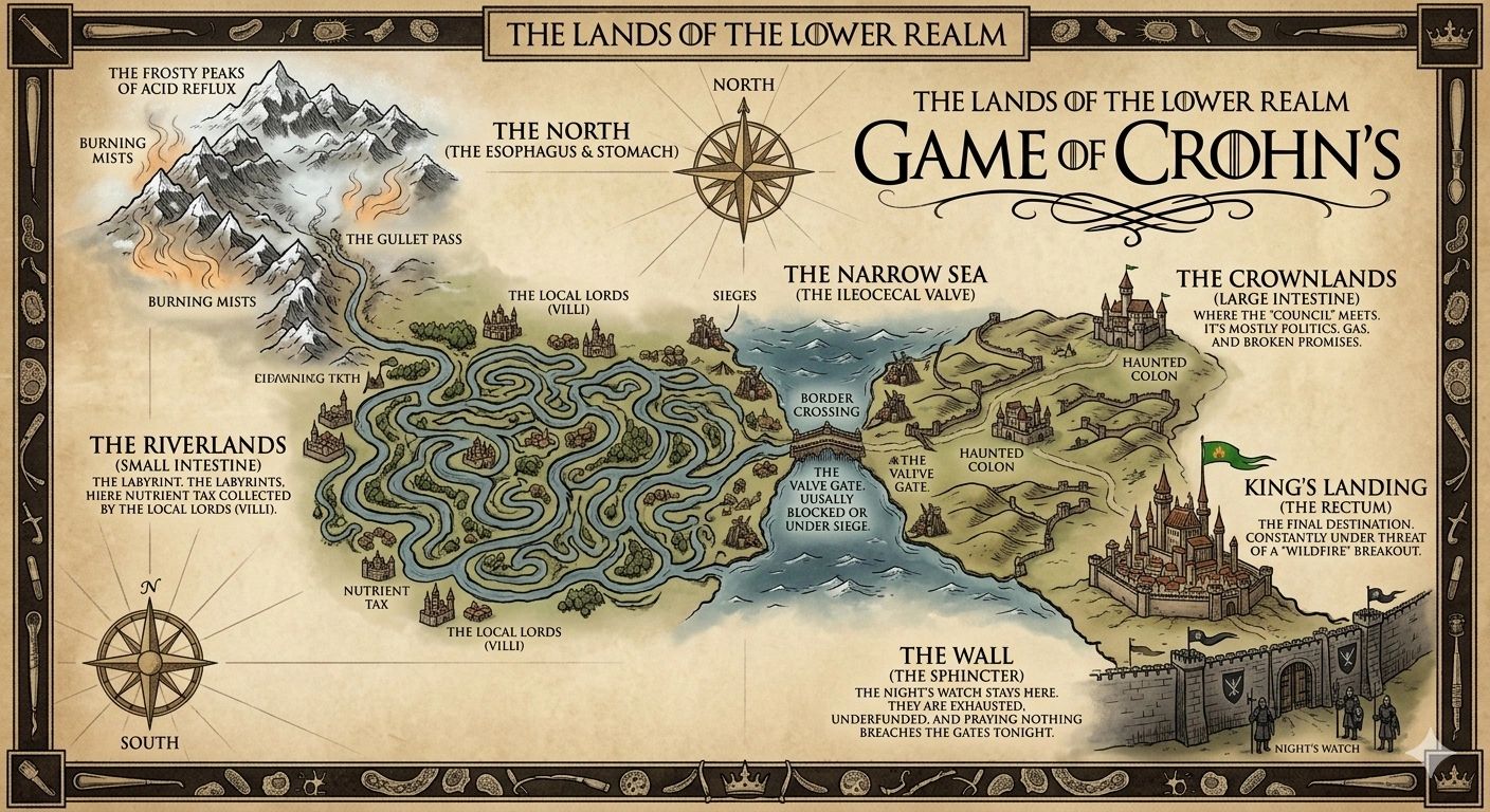 A fantasy map humorously representing Crohn's disease as a medieval realm with digestive system landmarks.