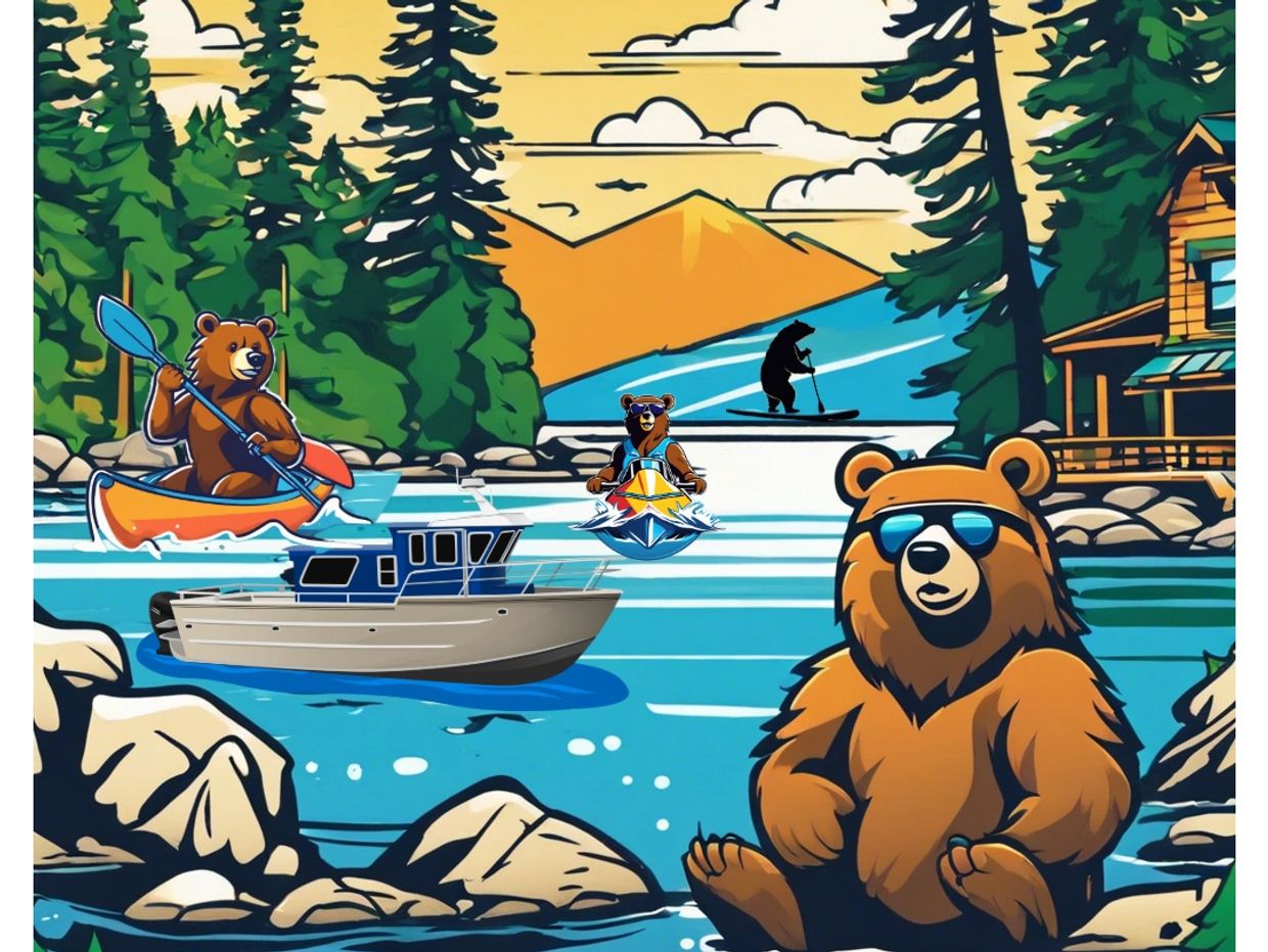 Cartoon of Professor, wave runners, Paddle Board, Kayaks 