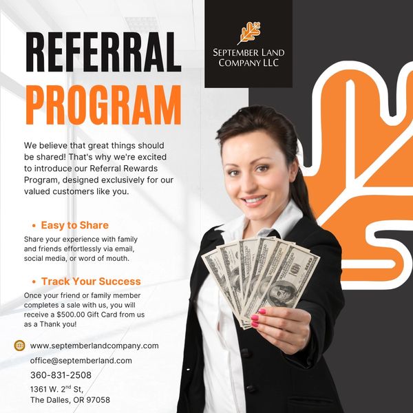 Businesswoman promoting a referral program with cash rewards from September Land Company.