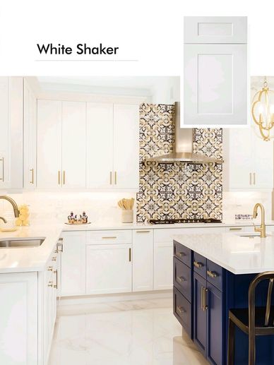 Modern kitchen with white shaker cabinets and navy blue island.