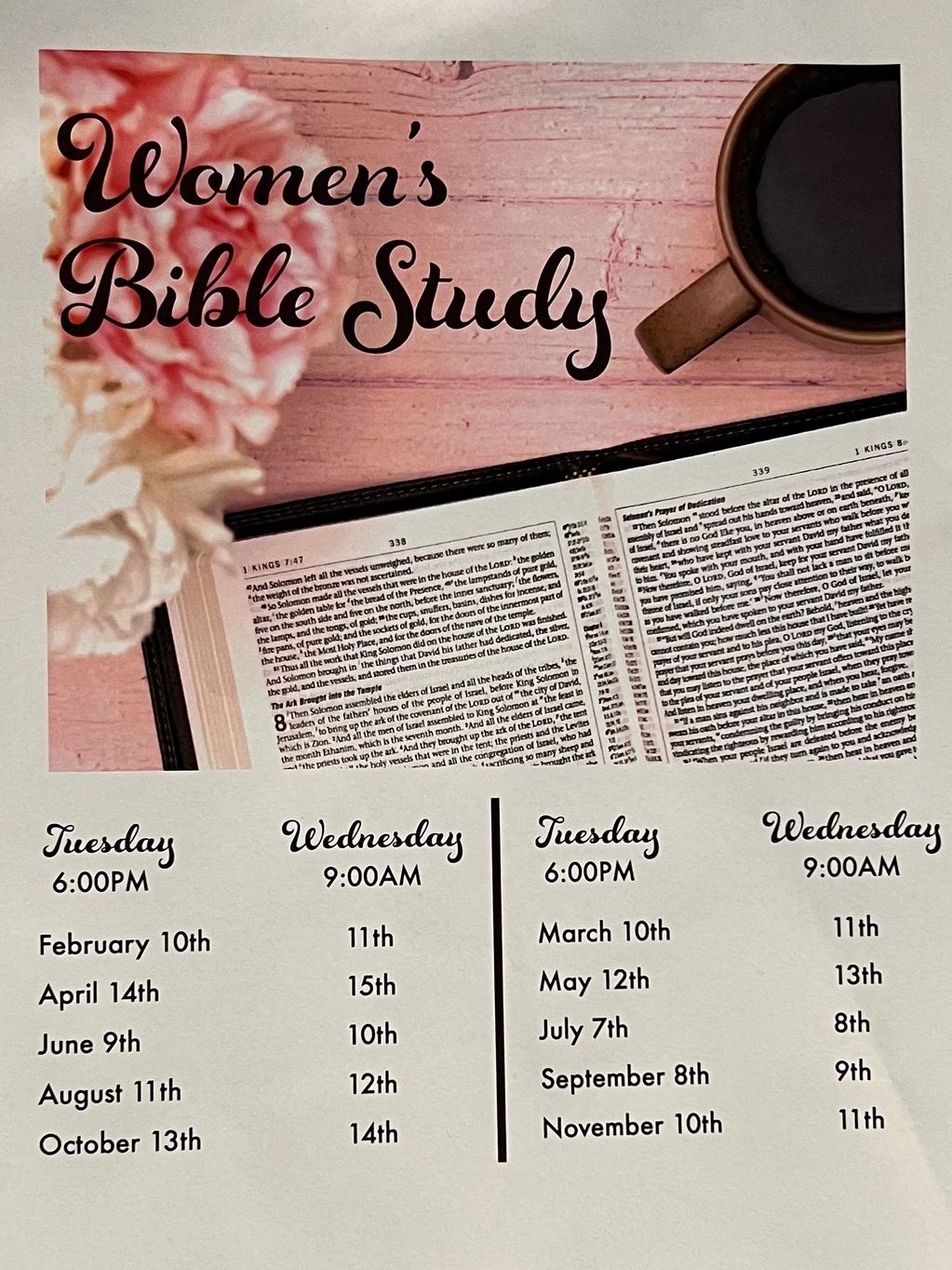 Schedule for Women's Bible Study meetings on Tuesdays and Wednesdays.