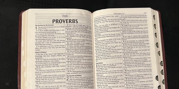 Open Bible showing the Book of Proverbs with highlighted text.