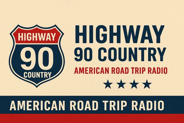 Logo for Highway 90 Country American Road Trip Radio with a vintage shield design.