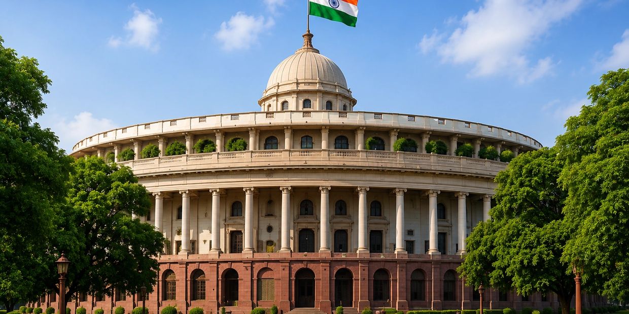 The Indian Parliament building with its iconic dome and national flag.