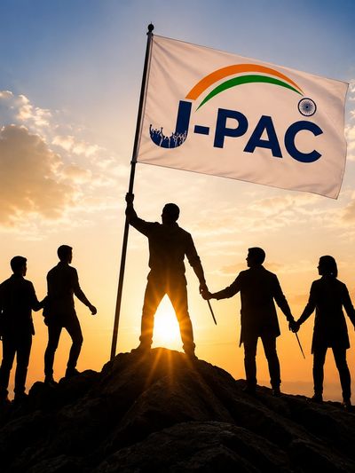 Silhouetted group holding a J-PAC flag atop a mountain at sunset.