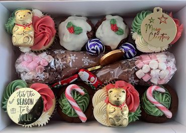 Christmas treat box incousing cookie cups, cupcakes, hot chocolate
