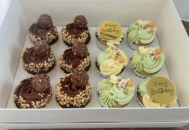 Half and half cupcake box. 6 Chocolate ferrero rocher cupcakes and 6 sage green/cream cupcakes