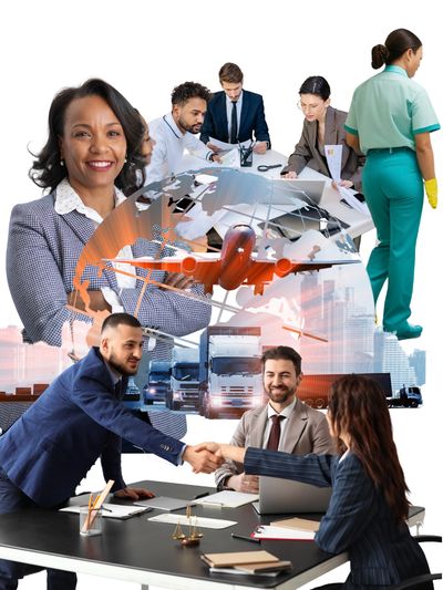 Business professionals with logistics, transport, commercial cleaning elements in the background.