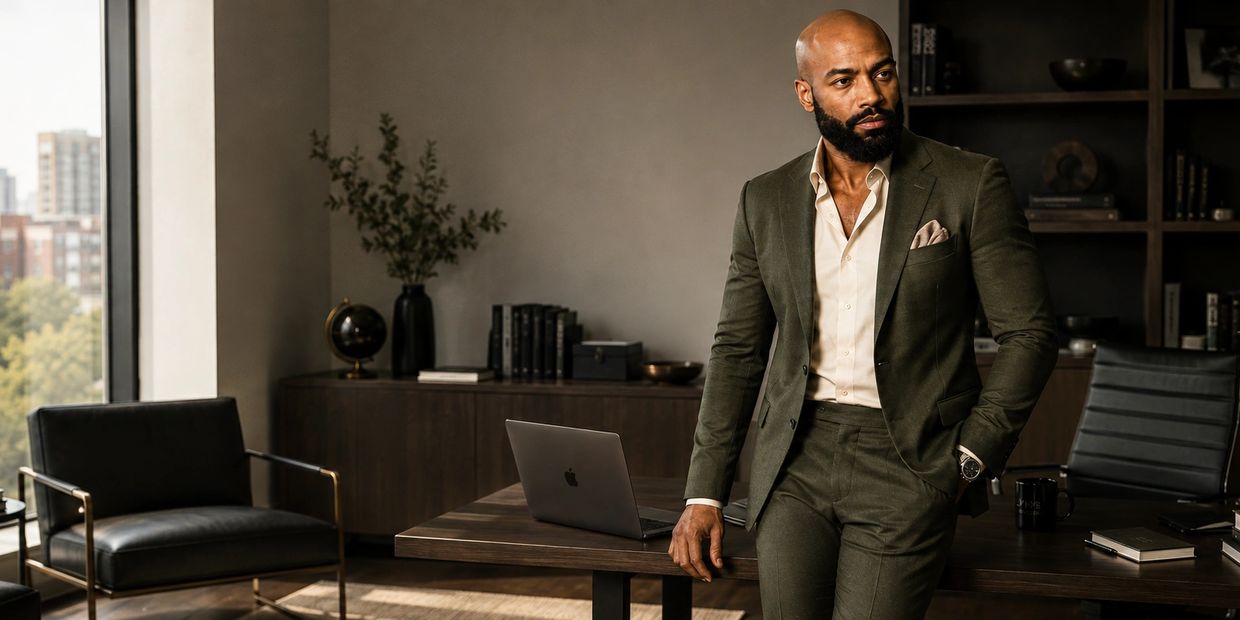 JaVonni Brustow in an olive suit in a modern office