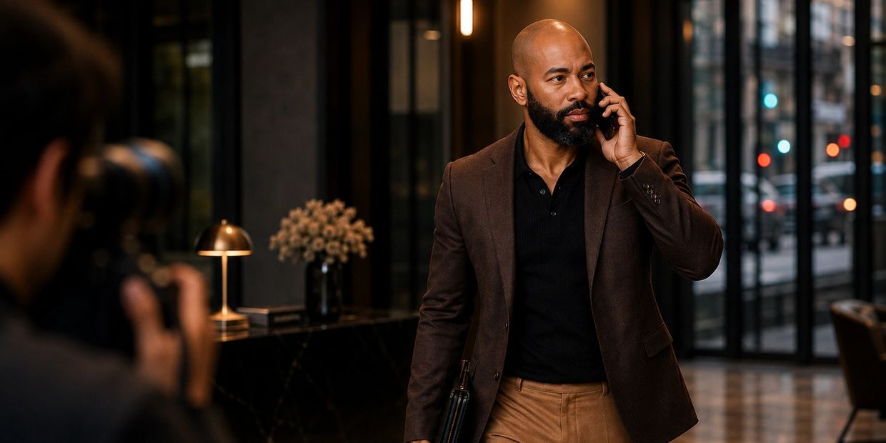 JaVonni Brustow walking through a modern lobby during a business call.
