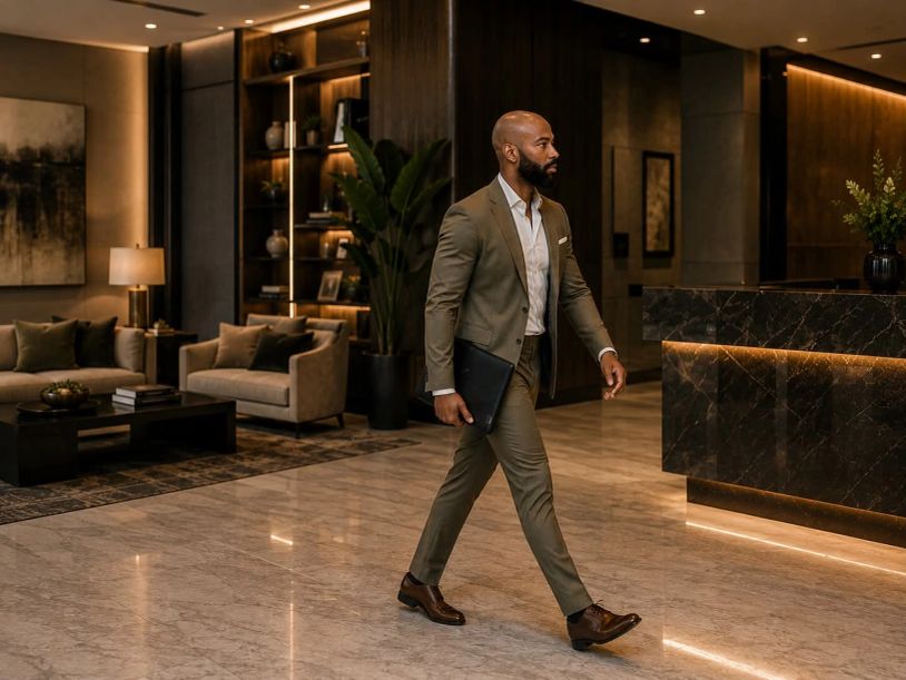 Man in suit walking through a modern lobby.
