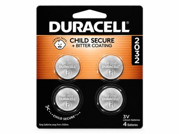 Duracell 2032 lithium coin batteries with child-safe bitter coating, pack of 4.