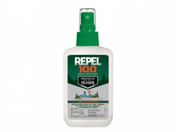 A bottle of REPEL 100 insect repellent spray.