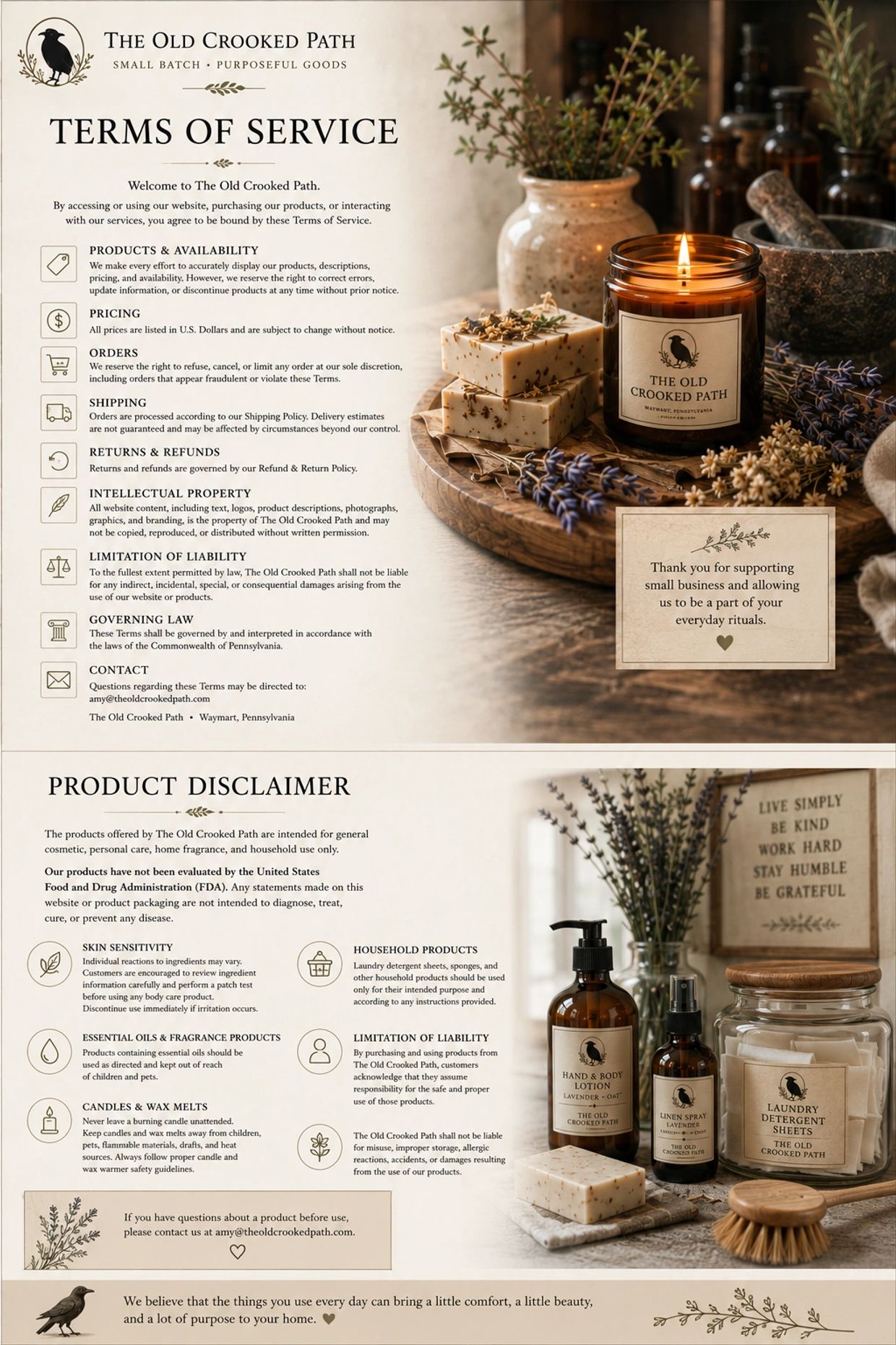 Rustic display of handmade soap, candle, and body care products on wooden tray with greenery.