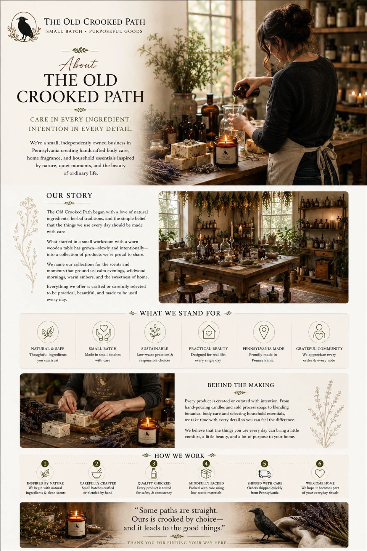 The Old Crooked Path offers handcrafted, natural body care and home goods with care and intention.