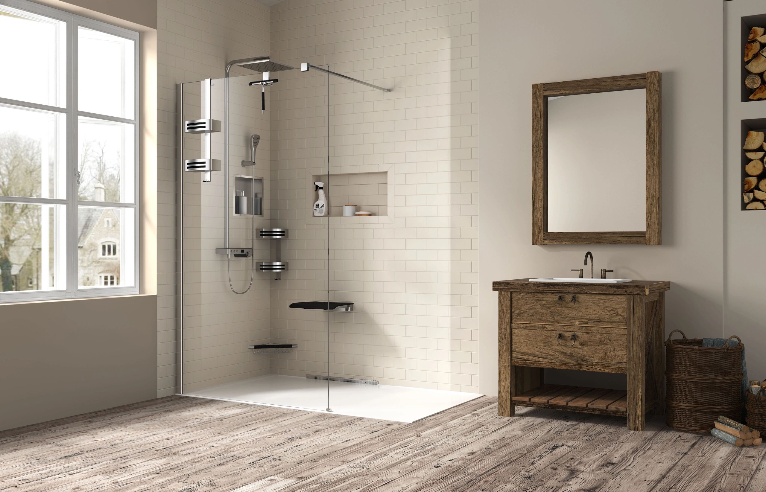 Bathroom accessories and fixtures, built-in and quick assembly.