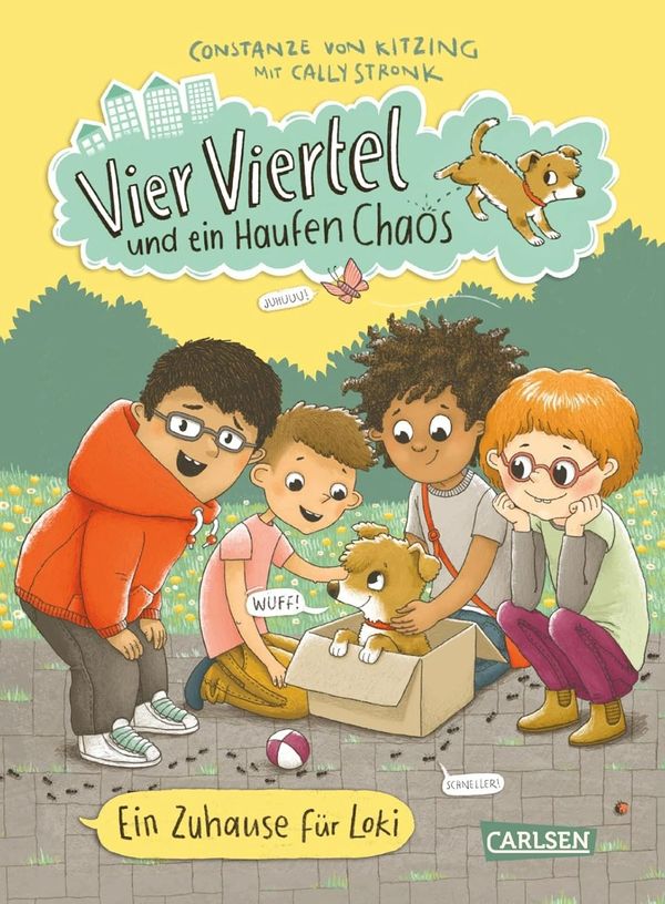 Children happily gather around a puppy in a cardboard box on a bright, cheerful day.