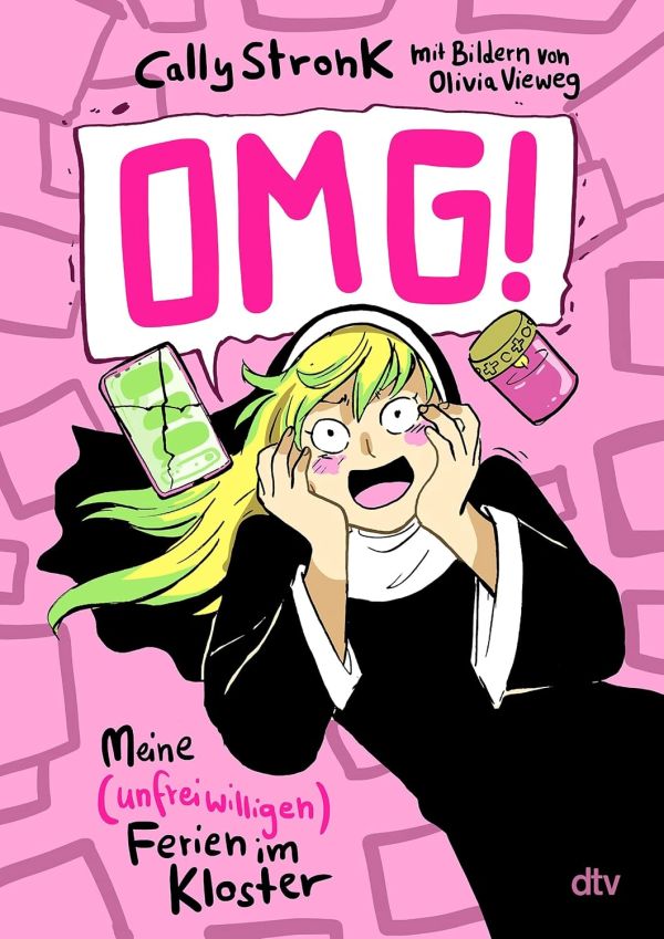 Buchcover OMG! mit einer überraschten Nonne vor rosa Hintergrund.