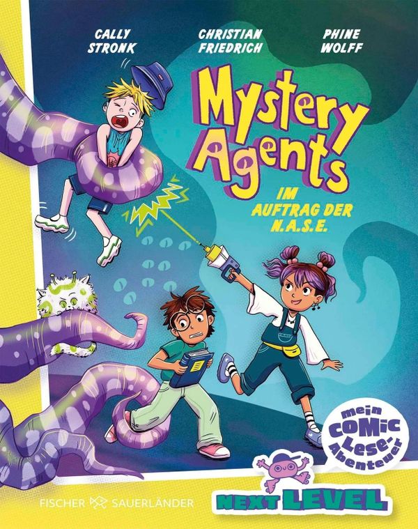 Cover of a comic book titled 'Mystery Agents' featuring kids and a purple tentacle monster.
