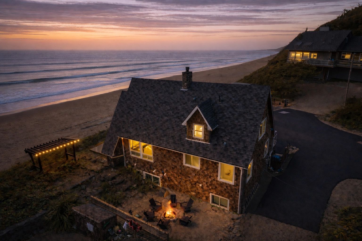 Anchor Court Beach House at dusk.  A beach front oasis