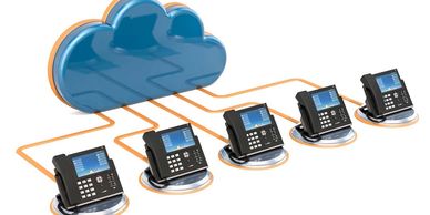 Cloud-connected phones linked through a network system.