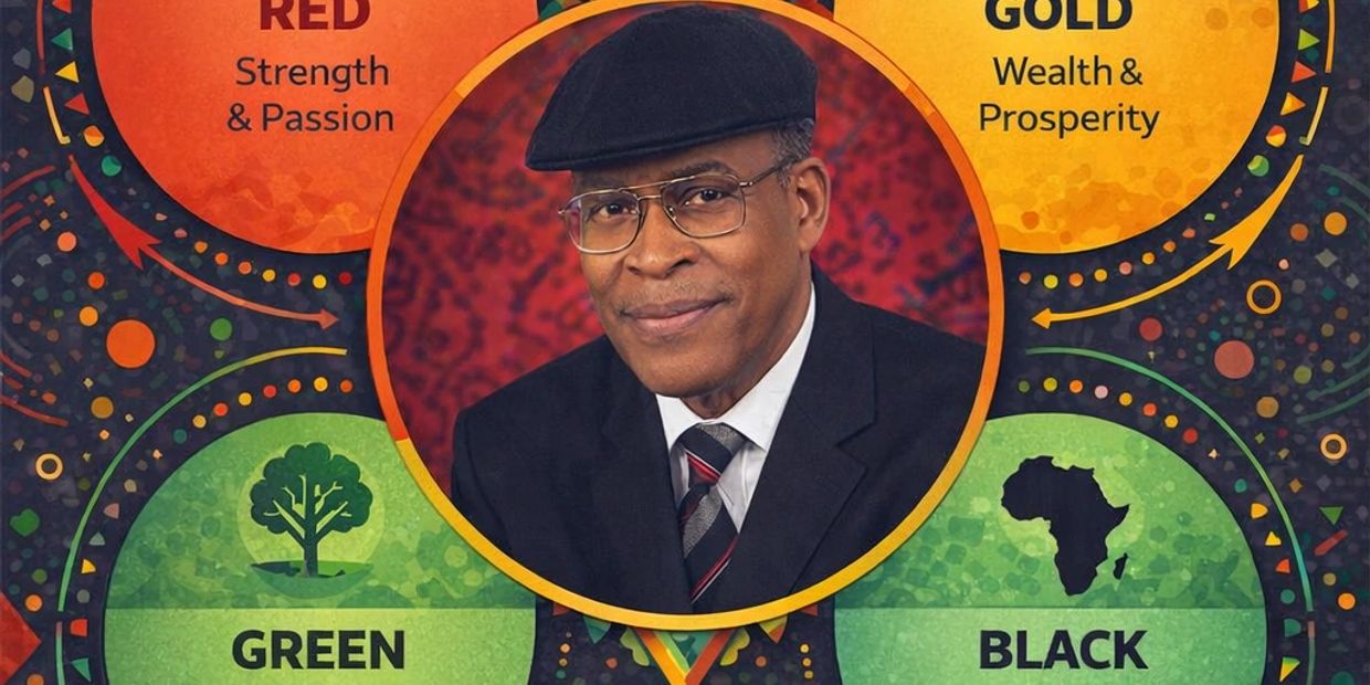 Portrait of a man surrounded by colorful symbolic circles representing strength, prosperity, growth, and heritage.