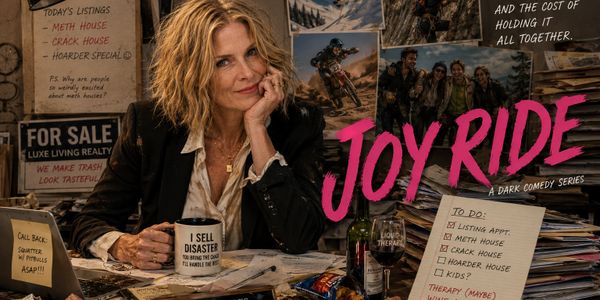 A woman at a cluttered desk with a mug reading 'I Sell Disaster' in a dark comedy poster for 'Joy Ride'.
