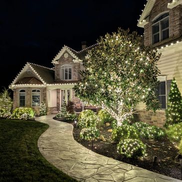 Residential Christmas Light Installation, warm LED lights, roofline, tree wrapping, pathway lights.