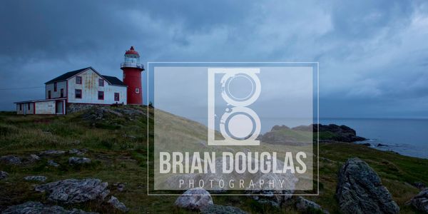 A lighthouse in Nova Scotia Canada on a stormy day. Also logo for Brian Douglas Photography.