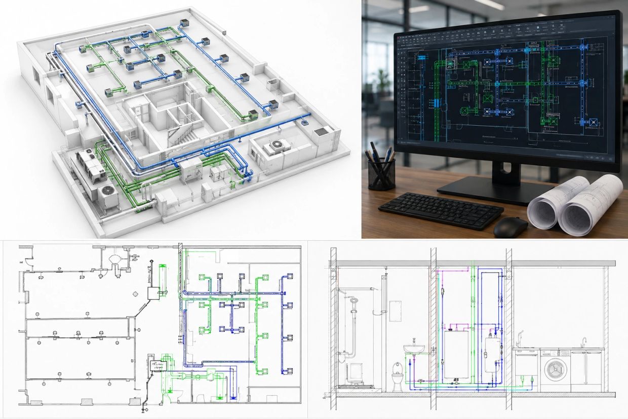 Building HVAC and plumbing system design in 3D model and CAD drawings.