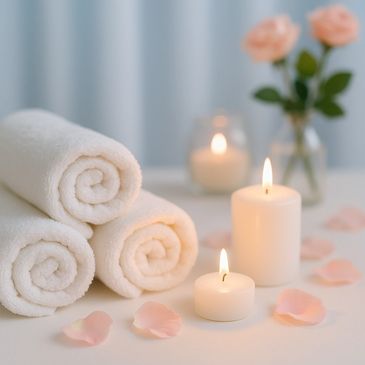 Serene spa setting with soft candles, rolled towels, and rose petals. 