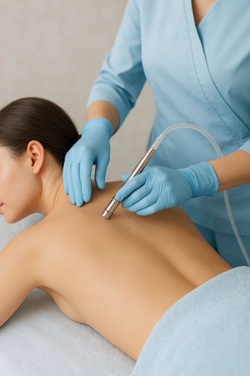 Woman getting back microdermabrasion treatment in beautiful spa setting.