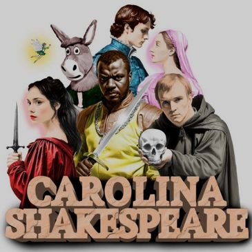 Illustration of diverse characters from Shakespeare plays with 'Carolina Shakespeare' text.