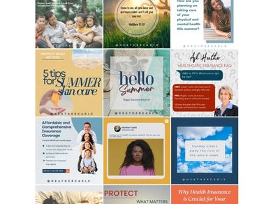A collage of summer health tips, insurance advice, and motivational quotes.