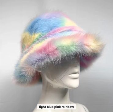 Colorful fluffy bucket hat with pastel rainbow hues.