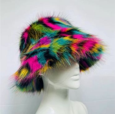 Colorful fuzzy bucket hat with bright neon patterns.