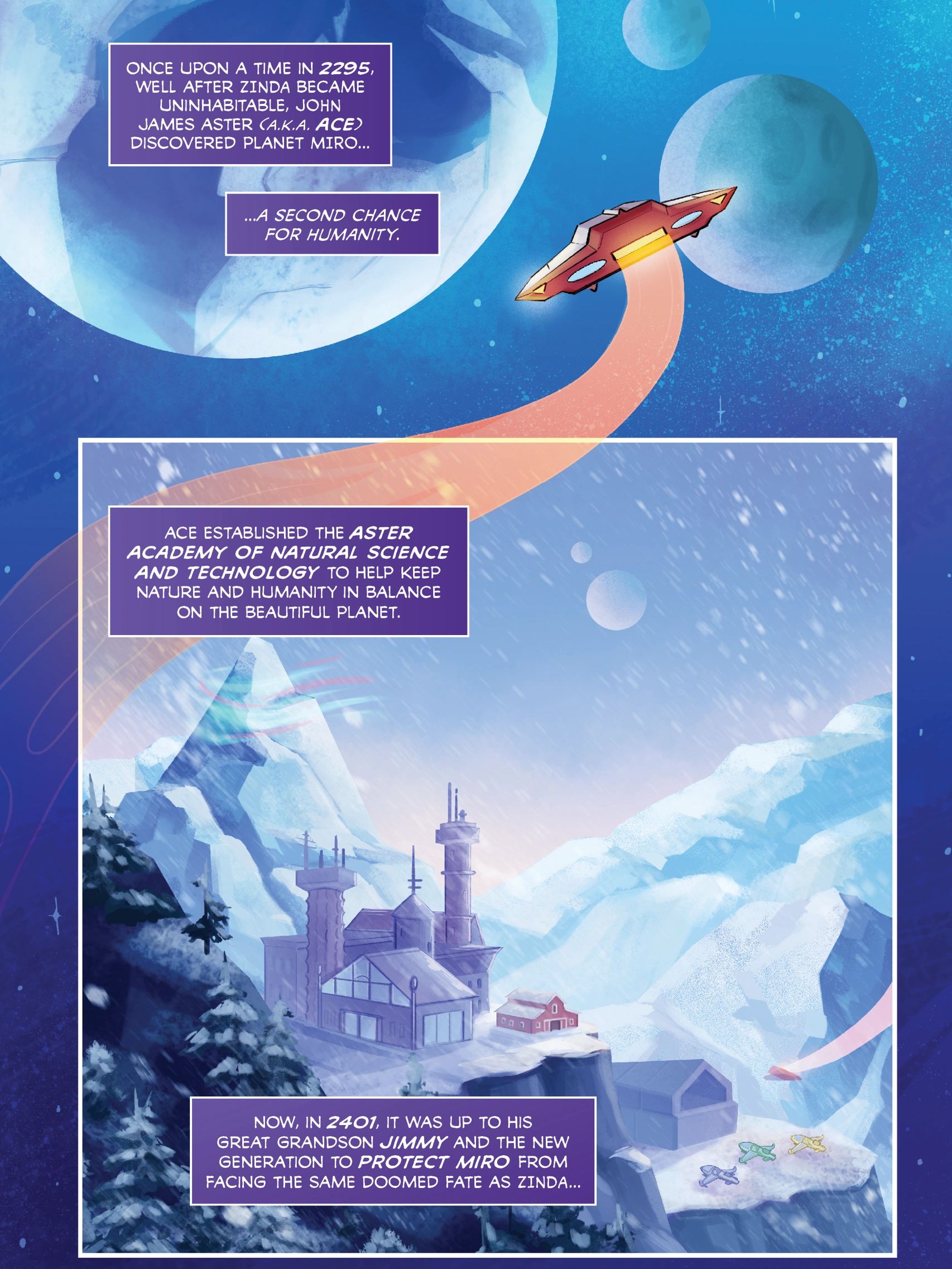 A spacecraft approaches Planet Miro above a snowy mountain landscape and the Aster Academy of Natural Science and Technology.