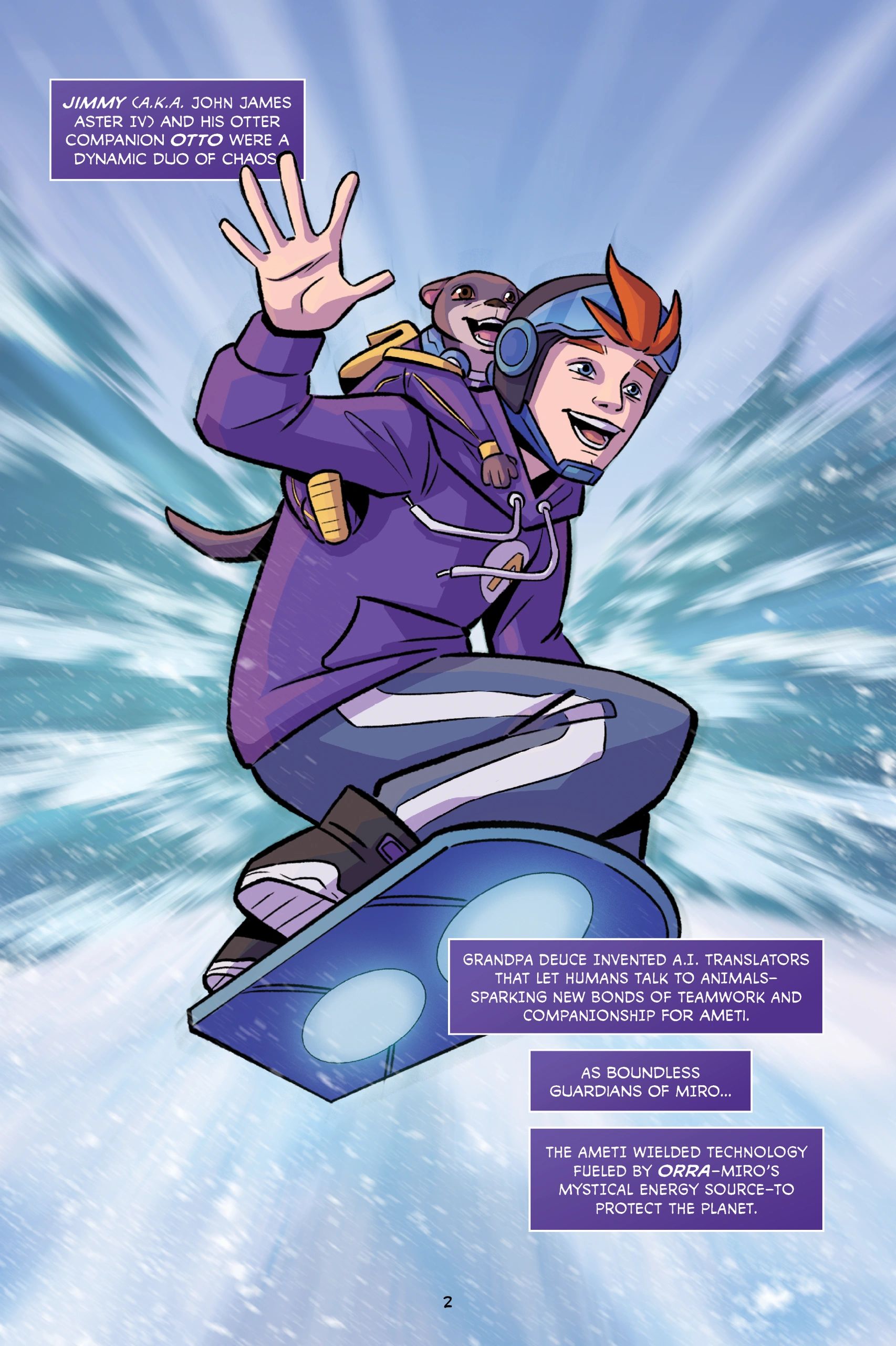 Jimmy Aster rides a futuristic hoverboard through a snowy landscape, with his otter companion Otto perched on his shoulder.