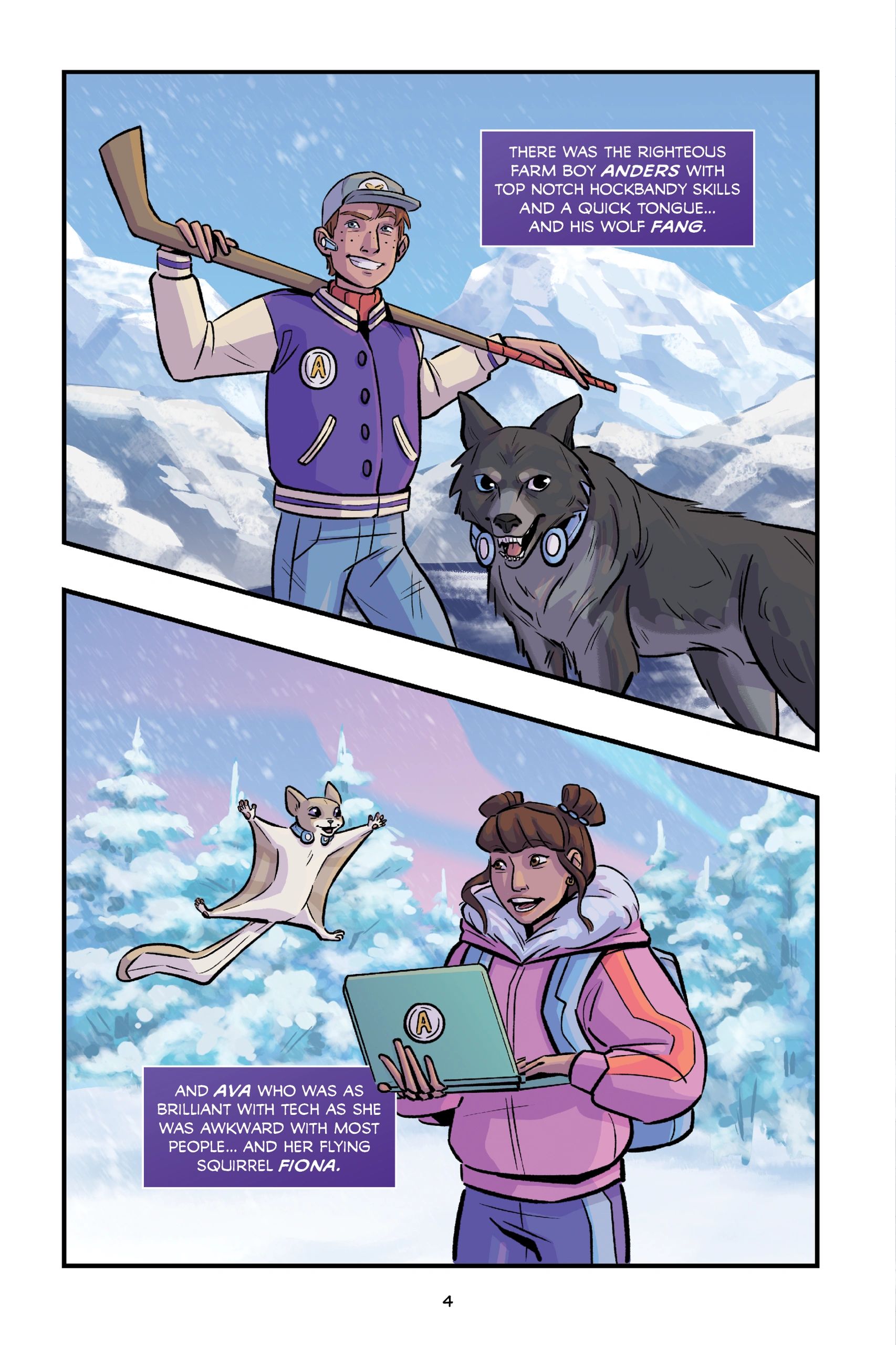 Two illustrated panels from Miro Chronicles show Anders with his wolf Fang and Ava with her flying squirrel Fiona in a snowy landscape.