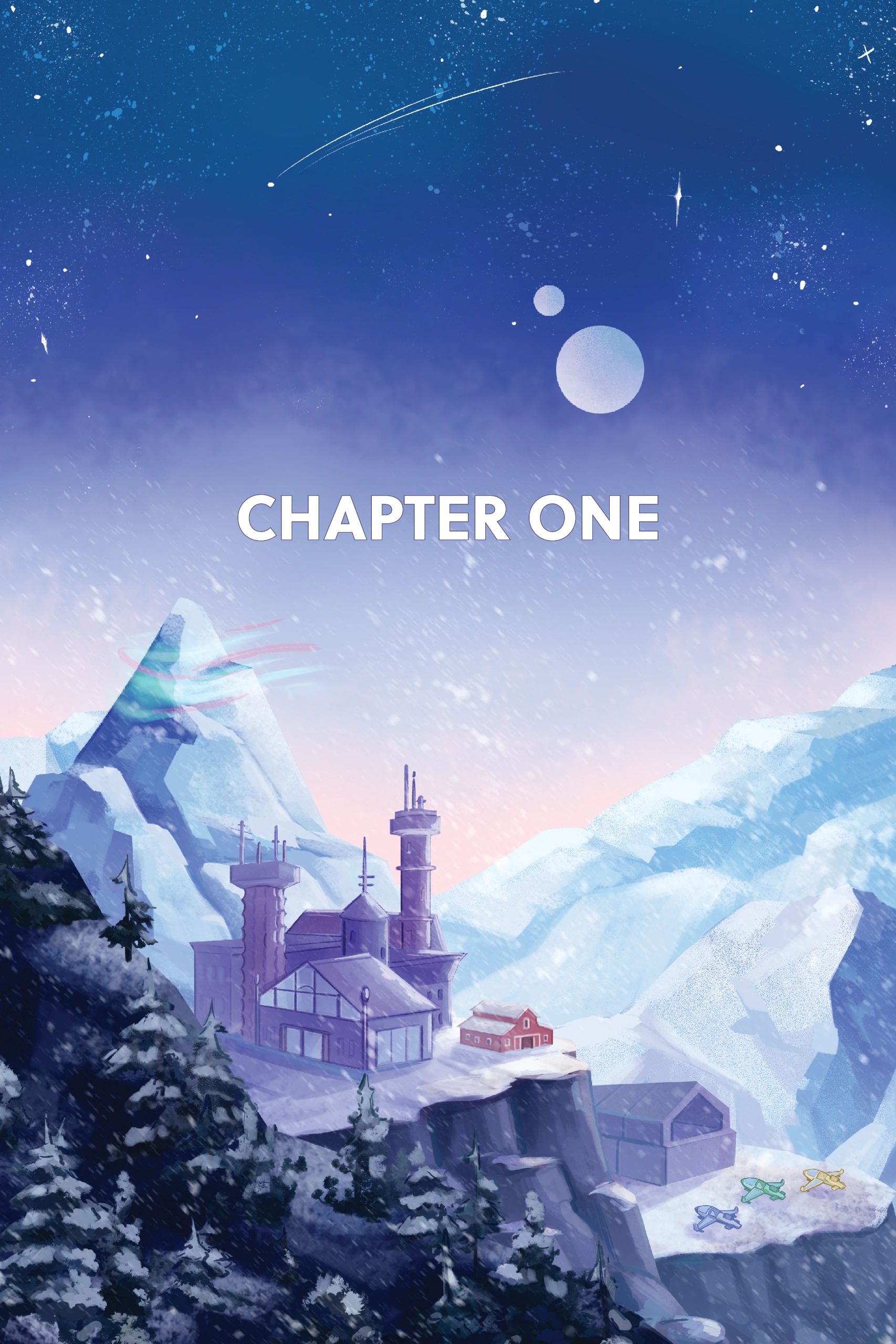 Chapter One title page from Miro Chronicles, showing the Aster Academy nestled among snowy mountains beneath a moonlit sky.