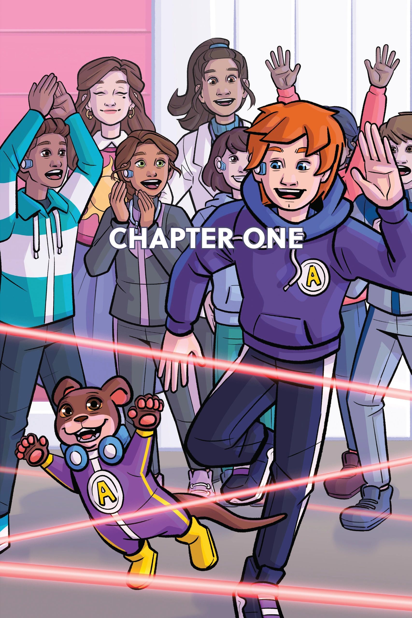 Chapter One title page from Miro Chronicles Graphic Novel Part Two, showing Jimmy Aster and his otter companion Otto navigating a laser obstacle course as fellow students cheer.