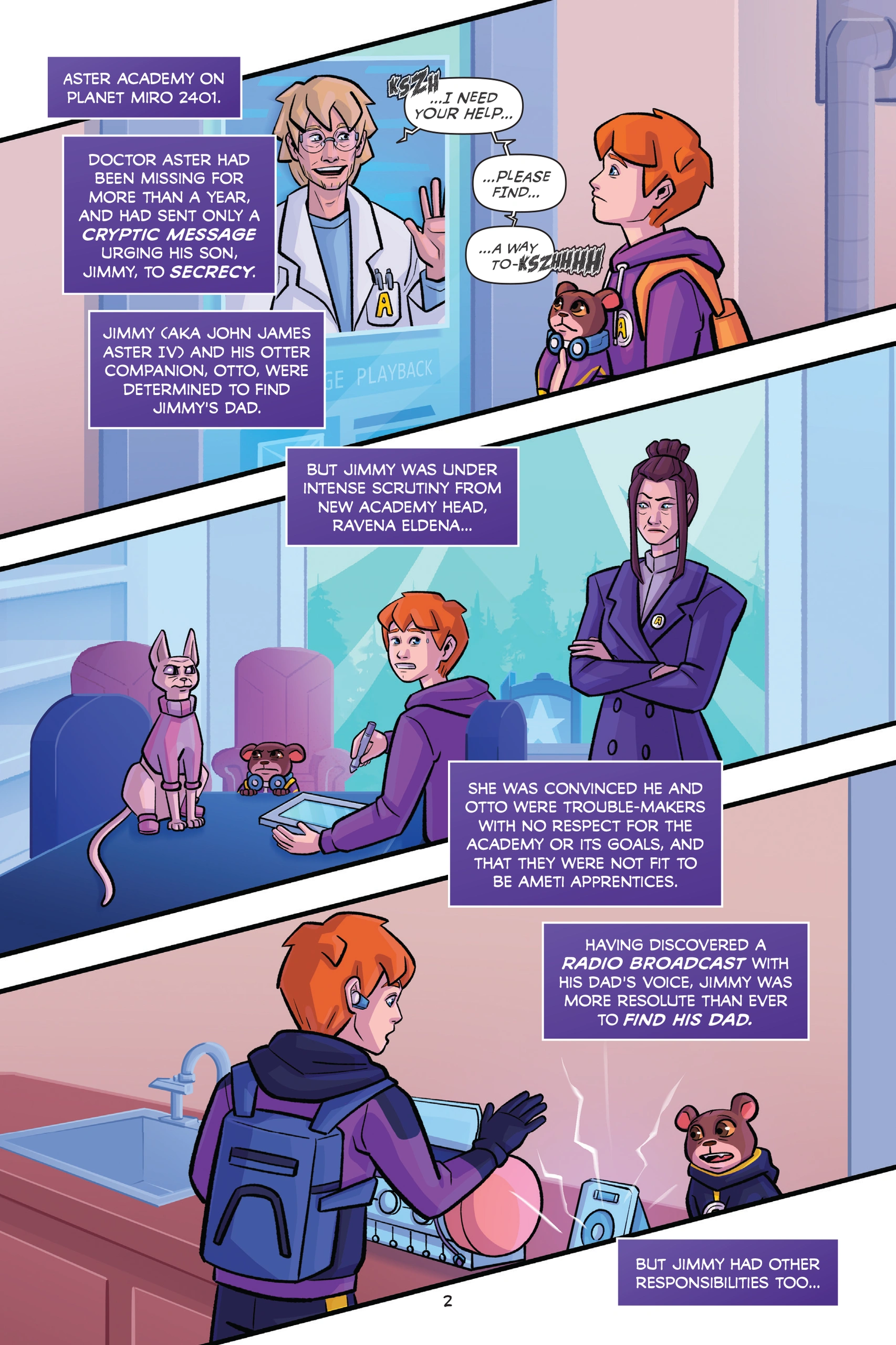 Comic panels from Miro Chronicles Graphic Novel Part Two show Jimmy Aster and his otter companion Otto in detention with Ravenna Elena, the academy's head.