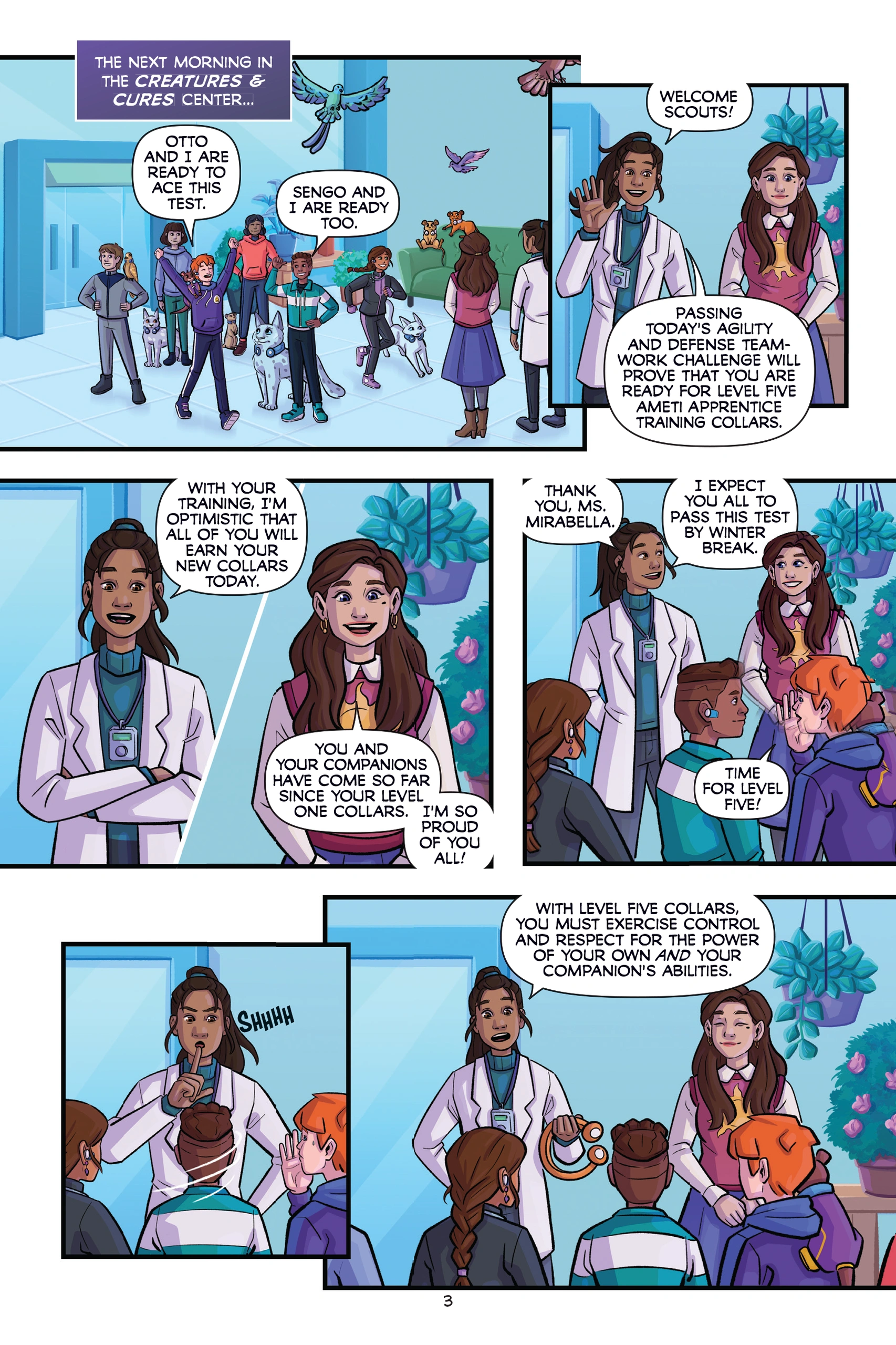 Comic panels from Miro Chronicles Graphic Novel Part Two show instructors at the Creatures & Cures Center briefing Jimmy Aster and fellow students about their Level Five apprentice training test.