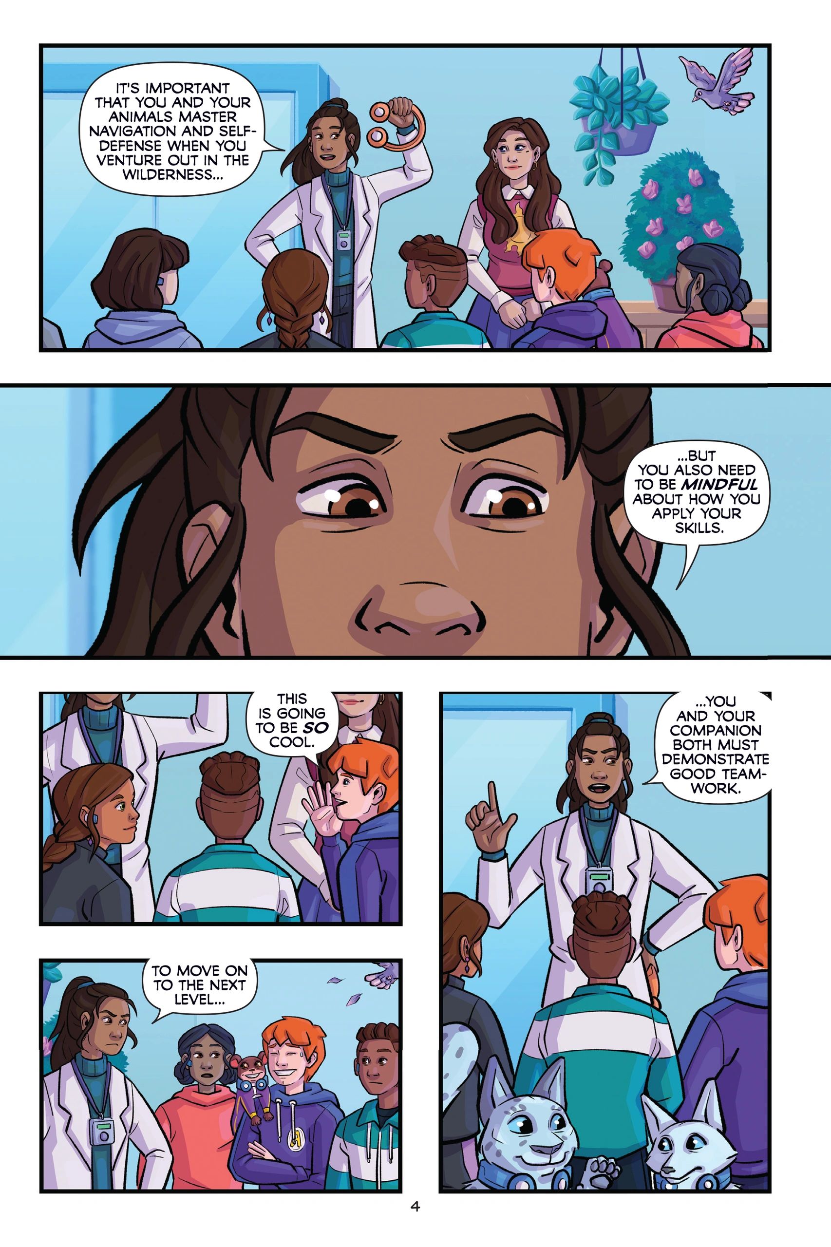 Comic panels from Miro Chronicles Graphic Novel Part Two show Dr. Curador explaining the importance of adapting to the wilderness and working with animal companions during apprentice training.