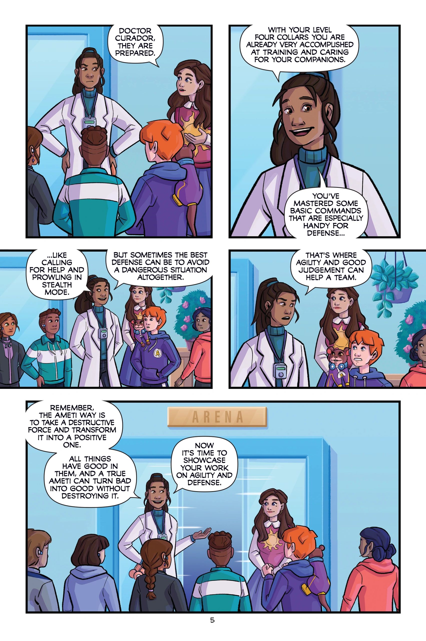 Comic panels from Miro Chronicles Graphic Novel Part Two show Dr. Curador instructing Jimmy Aster and fellow students about teamwork, judgment, and survival skills before entering the training arena.