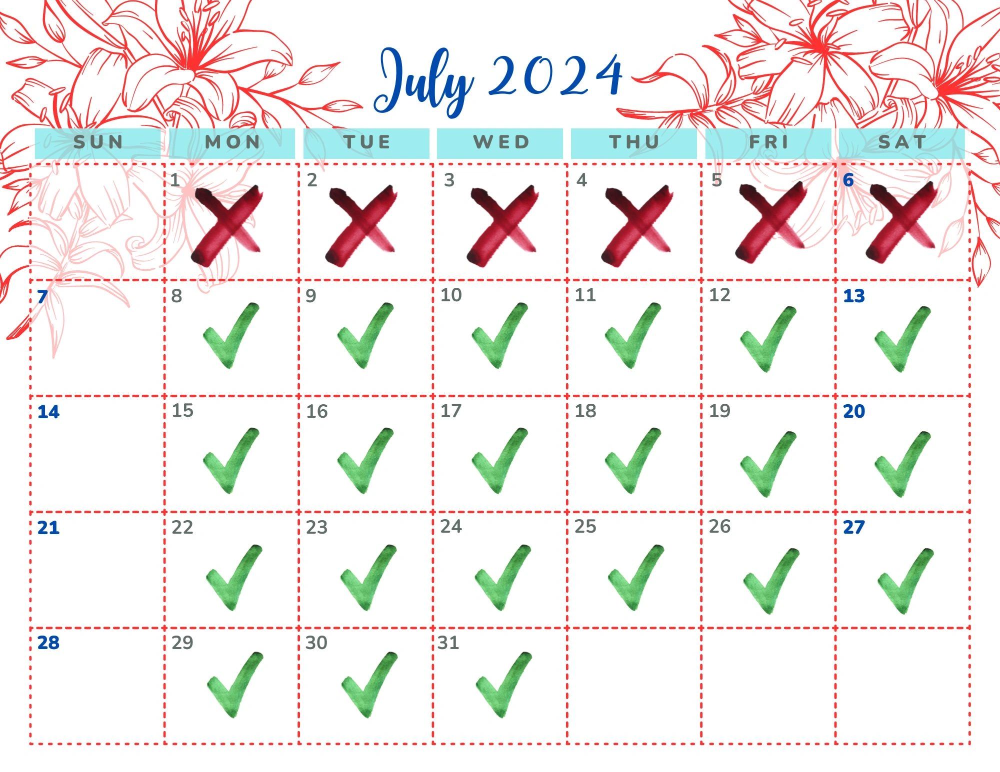 July studio calendar: a green check means business as usual, a yellow question mark indicates privat