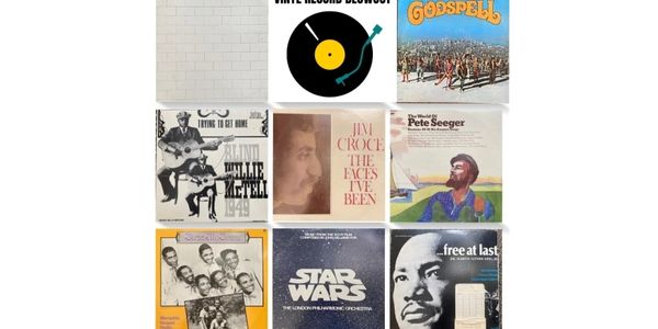 A collage of nine vintage music album covers showcasing various artists and genres.