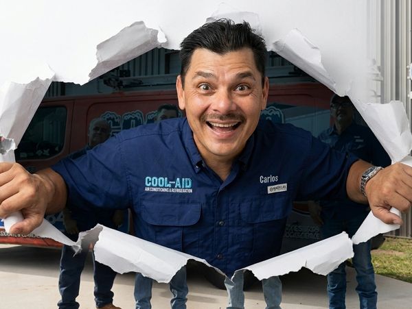 Man in blue shirt bursting through paper with excitement.