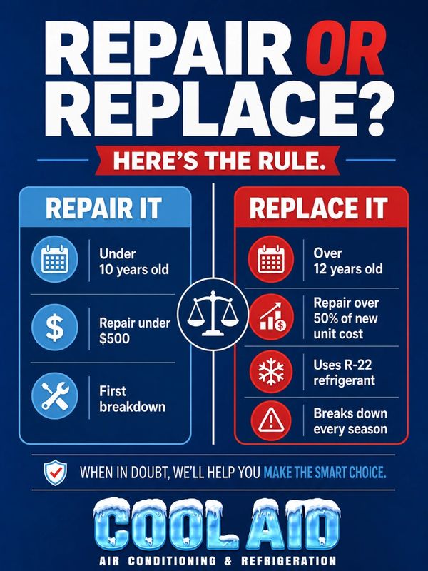 Cool Aid infographic explaining when to repair or replace your AC system.